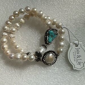 Iris & Lily Fresh Water Pearl Double Strand Bracelet w/ Turquoise & Rhinestones